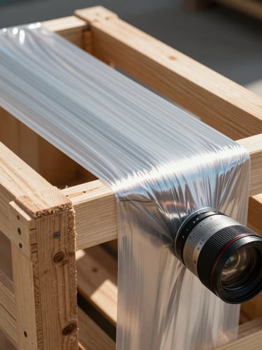 Close-up of heavy-duty shrink-wrapping tension on a uniform wooden crate, bright high-contrast UAE daylight, sharp industrial precision.