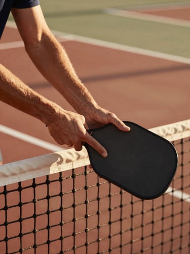 Close-up of hands shaking over a net on a pickleball court, warm golden-hour California sunlight, earthy terracotta and olive tones, candid action.