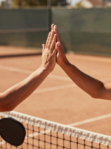 Candid close-up of hands high-fiving over a pickleball net, warm sun-drenched California lighting, dusty olive background, shallow depth of field