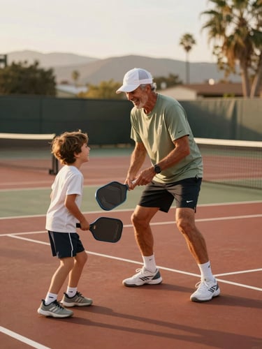 Warm editorial photography of an older player and a young child laughing together on a pickleball court in Ojai, soft golden-hour California light, terracotta court surface, shallow depth of field.