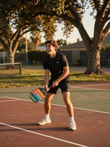 A young player laughing on an outdoor pickleball court, holding a colorful paddle, soft golden-hour light filtering through nearby oak trees.