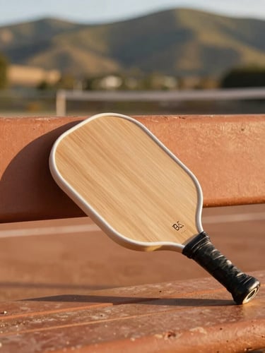 Candid shot of a wooden pickleball paddle resting on a terracotta court bench, warm golden-hour California sunlight, soft focus on the Ojai hills behind.