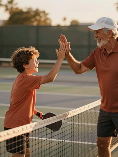 Candid shot of a young child and an active senior player laughing and high-fiving over a pickleball net, warm golden-hour California light, shallow depth of field.