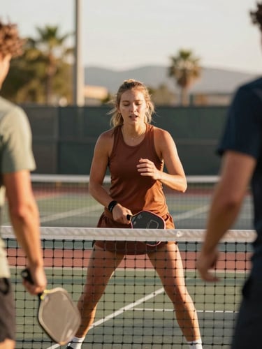 Hands shaking over a pickleball net after a friendly game, warm sun-drenched California lighting, shallow depth of field, candid action.