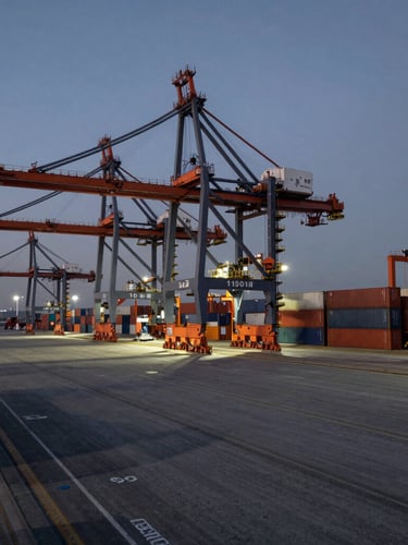 Wide panoramic angle of a modern container port at dusk, sharp shadows, high contrast, industrial scale, deep slate gray tones with safety orange crane accents.