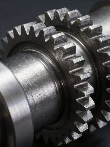 Macro shot of heavy-duty industrial steel gear assembly, high-contrast studio lighting, sharp technical shadows, metallic textures