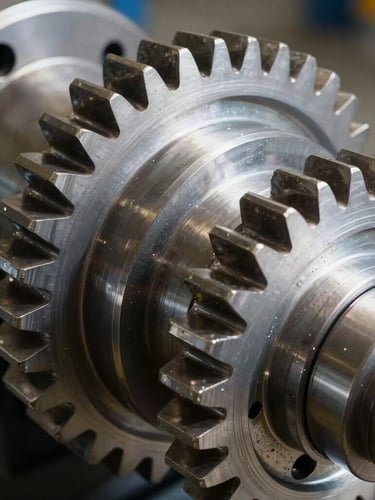 A high-contrast macro photograph of a heavy-duty industrial gear assembly, lit with crisp white light and deep shadows, showcasing metallic texture and precision engineering.