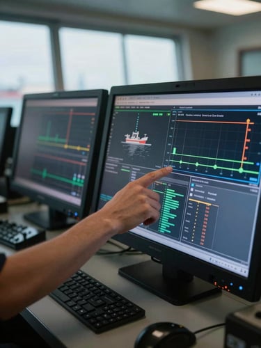 Close-up of a maritime data monitoring dashboard inside a port control room, multiple screens displaying fuel flow charts and vessel tracking overlays, cool natural daylight entering from side windows, a technician's hand pointing at one screen
