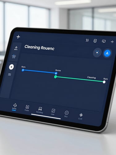 Clean corporate technology photography of a professional tablet interface showing real-time cleaning route optimization, bright office light, navy tones