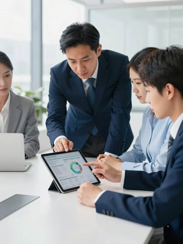 Professional corporate team collaborating in a bright modern meeting room, natural light, focused on a tablet showing training metrics, clean professional tech style