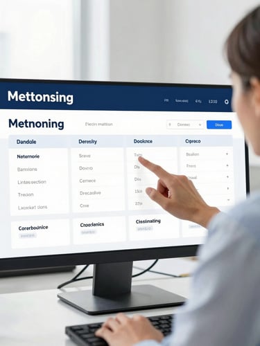 Over-the-shoulder shot of an HR manager analyzing a clean corporate mentoring dashboard on a monitor, bright natural office light, navy and soft blue accents