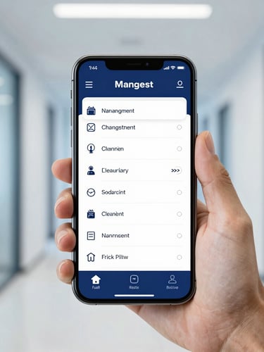 A clean modern smartphone screen displaying a mobile cleaning task management application, held by a professional in a bright corporate hallway, crisp focus, soft blue background.