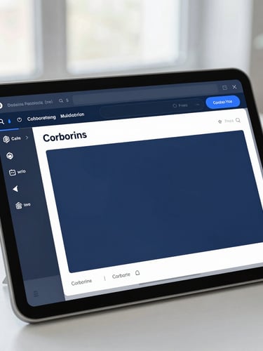 A clean corporate technology mockup showing a modern software interface on a tablet, bright natural office light, navy and soft blue tones, professional editorial style