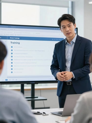 Modern corporate training environment, a professional mentor guiding an employee in front of a clean educational platform interface, natural light