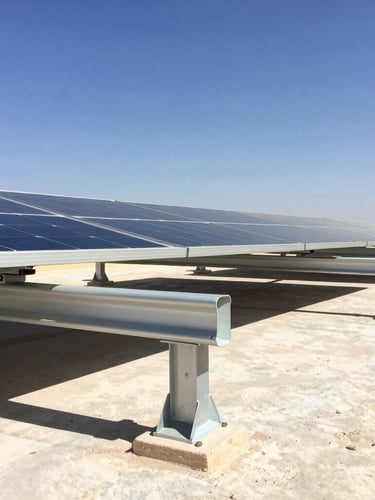 Close-up of high-quality TATA Structura steel mounting frames securing solar panels on a rooftop, harsh desert sunlight casting sharp shadows, clear blue sky.