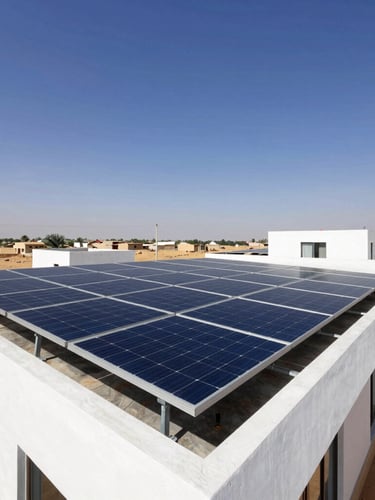 Bright architectural photography of a completed rooftop solar array on a modern home in Rajasthan, harsh desert sunlight, high-contrast deep blue sky, robust steel structures visible beneath panels.