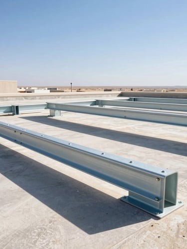 Close-up of heavy-duty TATA Structura steel mounting frames anchored to a concrete roof, bright desert sunlight, clean shadows, showing professional engineering and robust bolts.
