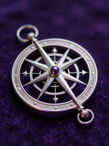 Macro photograph of an intricate silver celestial astrolabe resting on deep purple velvet, moody amethyst rim lighting, soft cosmic glow, sharp details