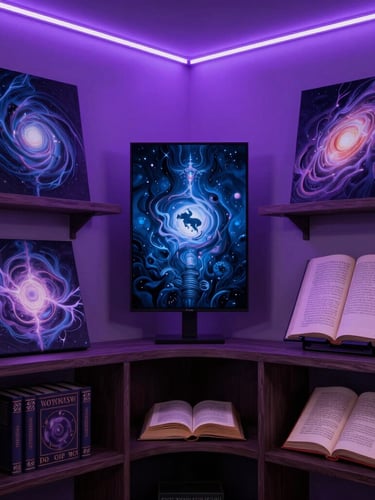 An atmospheric creative studio space in West Valley City with soft purple neon lighting, displaying ethereal digital paintings and fantasy book mockups on dark wooden shelves.