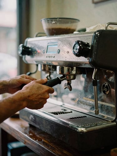 Wide environmental documentary shot of weathered hands operating a manual lever espresso machine in a humid, shadow-filled Bangkok cafe, 35mm grain