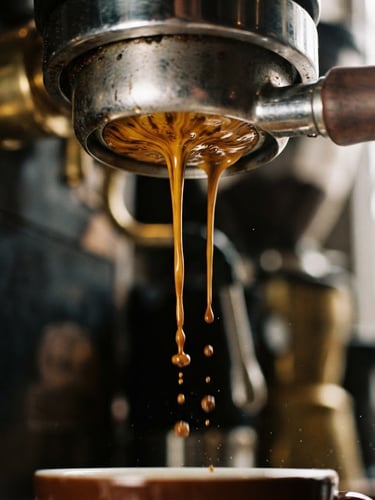 A tight macro shot of a rich espresso extraction dripping from a bottomless portafilter, deep golden crema, humid natural light, high contrast, 35mm film grain.