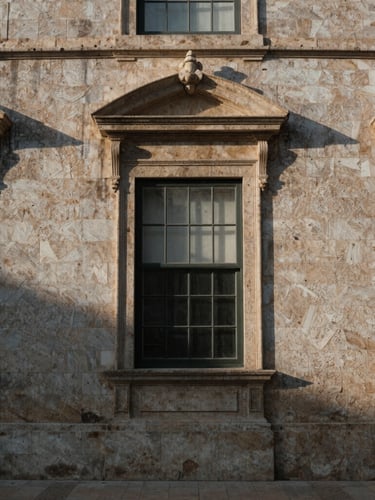 Tight architectural crop of a historic Portuguese building facade, limestone textures, soft overcast daylight, deep quiet shadows