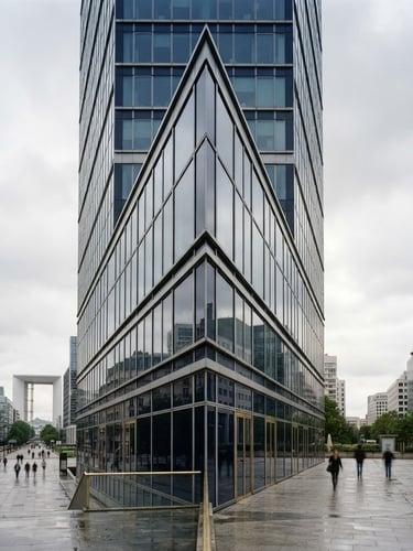 A clean, off-center architectural shot of a modern glass office building corner in Paris, soft diffused overcast daylight, corporate navy tones, 35mm premium photography.