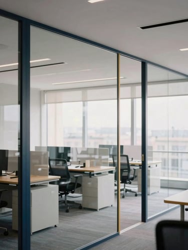Clean modern office interior in Paris, structured glass partitions, soft diffused natural daylight, minimalist corporate workspace, 35mm editorial photography