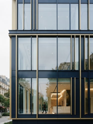 Refined architectural close-up of a modern European medical pavilion, soft overcast daylight, clean glass facade, corporate navy and gold tones, 35mm