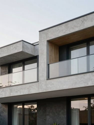 Modern architectural details of a minimalist European villa, clean lines, concrete and glass, soft overcast daylight, 35mm