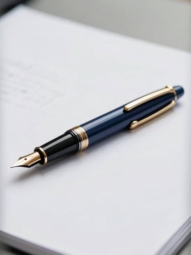 Close-up of a high-end fountain pen resting on a crisp white document, soft overcast daylight, corporate navy and gold tones, architectural framing, 35mm