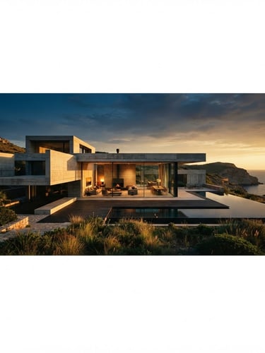 Wide panoramic architectural render of a minimalist concrete villa at sunset, dramatic low-sun golden hour light casting long shadows, warm interior glow, medium format film aesthetic.