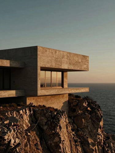 Cinematic architectural render of Villa Noire, a concrete cliffside villa overlooking the Mediterranean at golden hour, deep shadows