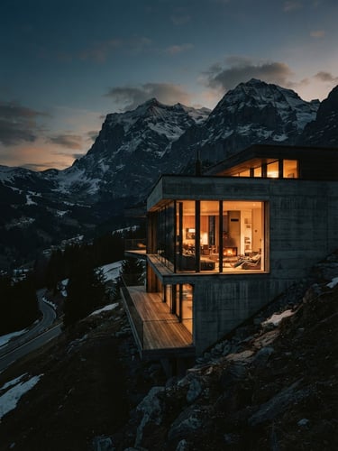 Cinematic wide shot of a modern concrete and glass residence nestled in Swiss Alps during twilight, warm interior light glowing through expansive windows, deep shadows, 35mm lens, medium format film