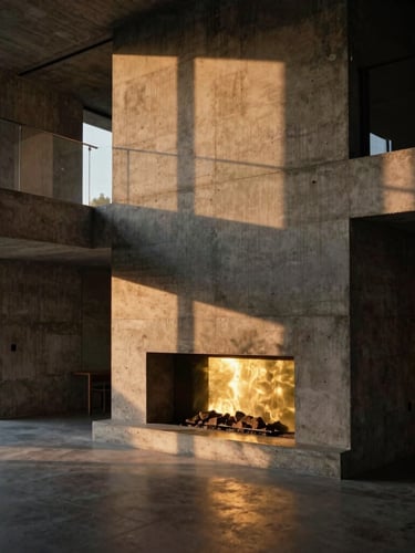 Wide cinematic architectural crop of a brutalist concrete villa interior at golden hour, deep dramatic shadows, warm light reflecting off a brushed brass fireplace, medium format film look, highly detailed textures.
