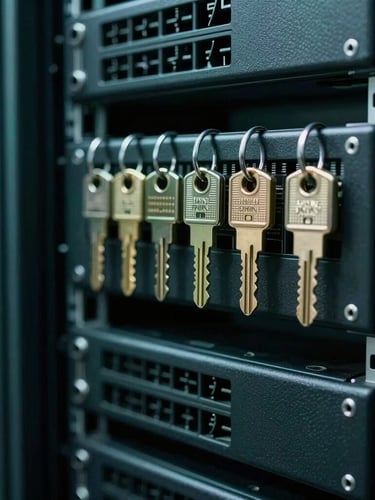 Close-up of secure hardware keys and server racks in a Lagos financial facility, cool-toned lighting, sharp focus, editorial photography.