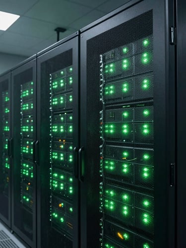 Sovereign-anchored corporate editorial photo of a high-end Nigerian enterprise data center in Lagos, low-key server room lighting with sharp green accents, 35mm lens.