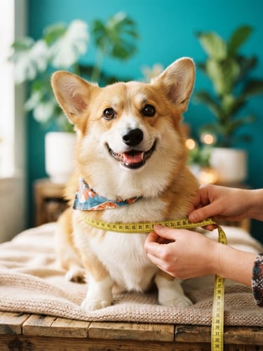Un corgi siendo medido con una cinta métrica,