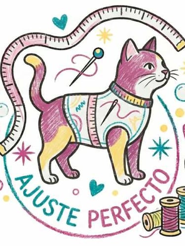 Una colorida ilustración de un gato con un chaleco, una cinta métrica y artículos de costura.