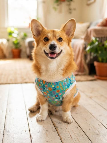 Un alegre Pembroke sentado felizmente en el suelo, con una colorida camiseta turquesa para mascotas.