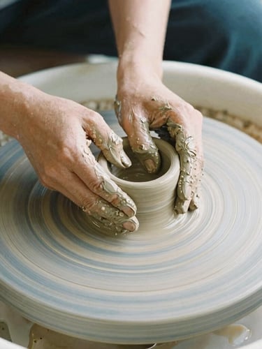 Close-up of artist Chiho's hands molding wet clay on a pottery wheel, soft natural light, rich organic textures, shallow depth of field, 35mm