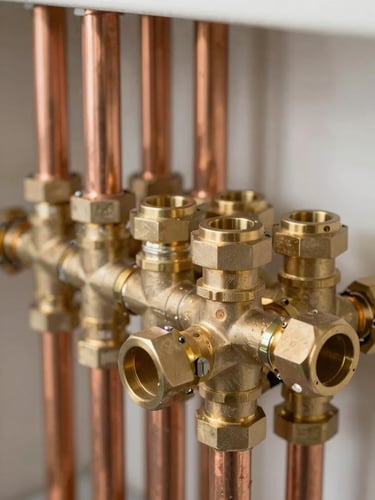 Tight macro shot of neatly aligned copper pipes and modern brass manifolds, bright clean neutral daylight, organized technical plumbing installation.