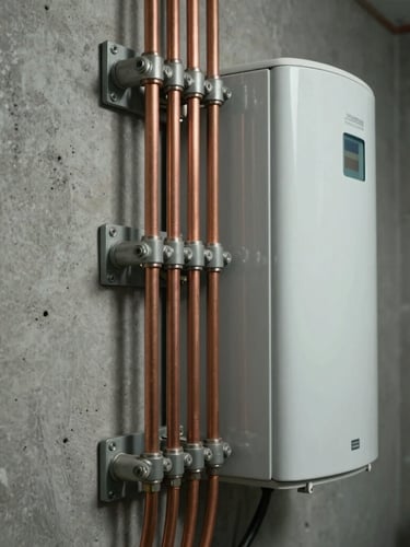 Vue de profil d'un chauffe-eau électrique moderne installé verticalement, tuyauteries en cuivre parfaitement alignées et polies, fixations industrielles nettes sur mur gris béton, éclairage blanc précis et technique.