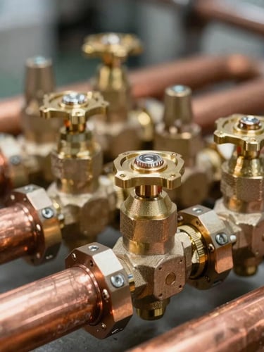 Macro shot of perfectly aligned copper pipes and modern brass valves, clean industrial lighting, technical precision.