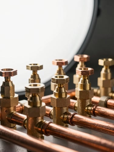 Macro shot of perfectly aligned copper pipes and brass valves, bright clean white work light, technical precision