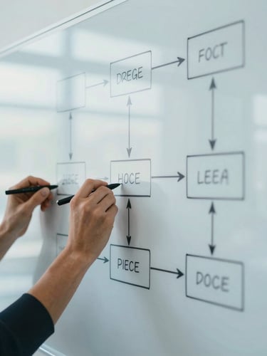 Close-up of hands drawing a complex process flow diagram on a large whiteboard, showcasing structured planning and problem-solving, cool natural daylight.