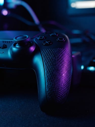 Sleek PlayStation 5 controller illuminated by vibrant neon blue and purple ambient light, macro shot of the dualsense grips, dark moody background, cinematic 35mm