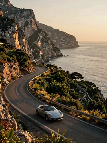 A winding coastal road overlooking the Mediterranean Sea, with a convertible car (Speedy) driving along it, golden hour light, lush landscape on one side, dramatic cliffs on the other, wide-angle.