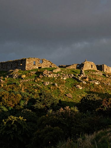 Dramatic wide shot of a rugged, ancient Roman fort ruin on a windswept hill in Northumberland, under a brooding sky, with a single figure standing small against the vast landscape, high contrast, natural shadows.