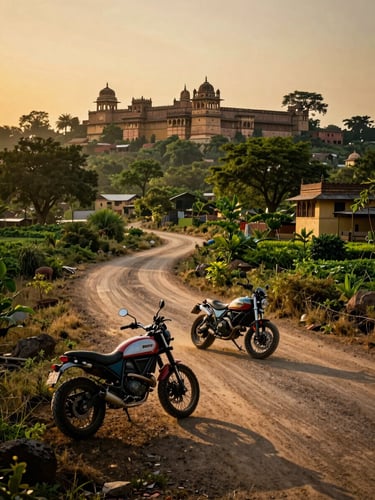 Dusty road winding through a vibrant Rajasthani village, a Ducati Scrambler motorcycle parked off to the side, ancient havelis in the background, warm golden hour light, cinematic, high-contrast.